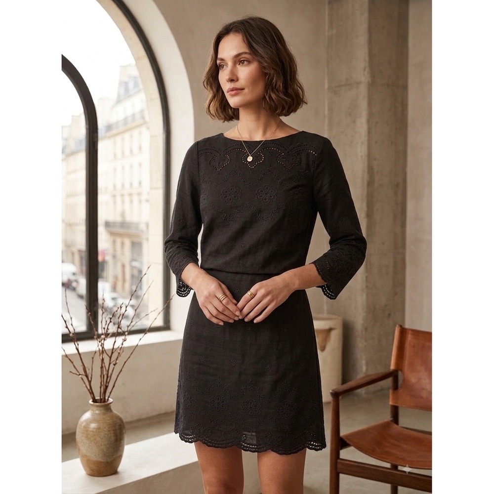 Rachel Comey Black Linen Eyelet Embroidered Mini Dress 3/4 Sleeve Scallop Size 2